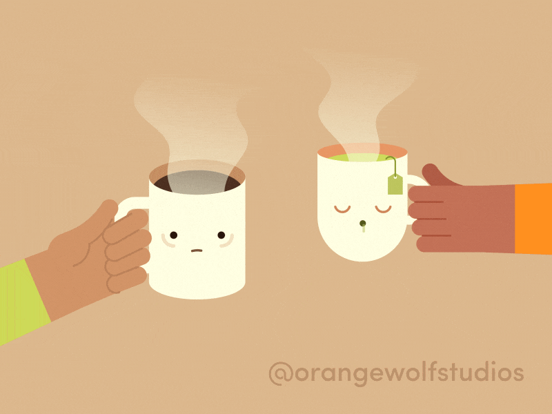 Coffee or Tea? 2d 2danimation caffeine character character animation characterdesign cheers coffee cute drinks espresso green tea liquid monday motion design motiongraphics tea tired wake up