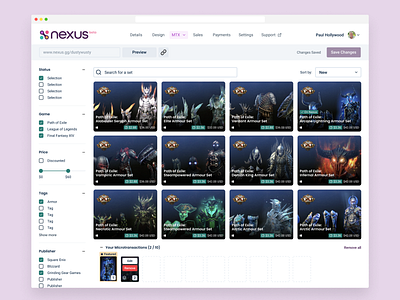 Games Dashboard featuring Path of Exile Armour armour branding content creators creators dashboard design gaming nexus nexus.gg partnership pc gaming ui videogames web design web ui