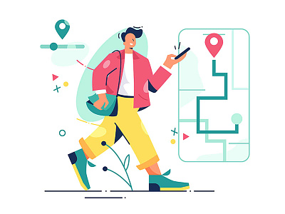 Navigation address app application concept flat gps guy illustration location man map mobile navigation online person phone smartphone style vector walk