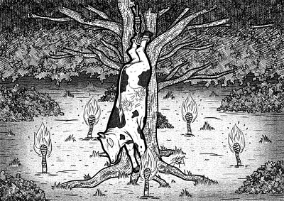 Hanging Cow bovine carcass cow creepy dark dead digital drawing fire five flame hand silhouette hang hanging illustration line art line art illustration lineart torch tree