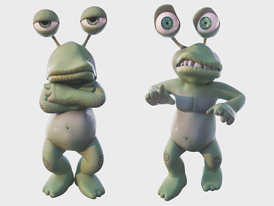 Pinjo expressions "unimpressed" & "scared" 3d 3d art c4d character expression green monster octane pose render rig surprised unimpressed