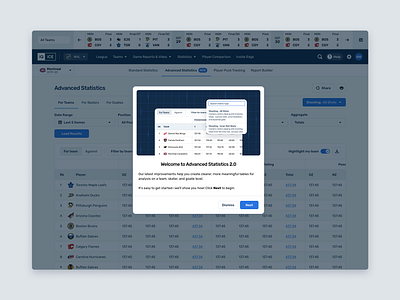 Advanced stats intro screen dashboard data hockey intro nhl stats ui uiux walkthrough web