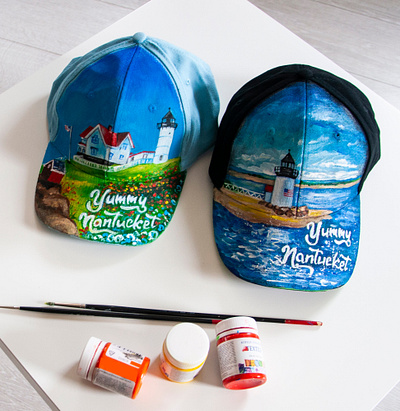 hand-painted cap, handmade, Nantucket island art cap design fashion hand painted handmade hat paint painting