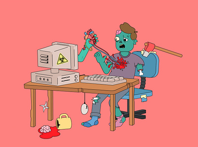 Heartbreaking rejection blood cartoon character computer couple flat heart horror hurt illustration love vector vector illustration vintage violence zombie
