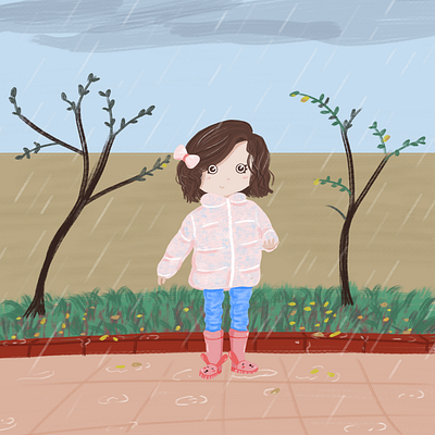 Girl in the rain childrens book childrens illustration color cute cute art digitalart girl girl character girl illustration girls illustration my art pink pink girl rabbit rain rainy winter