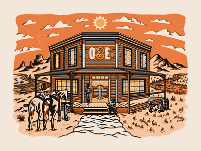 Oak & Eden Saloon clouds design dessert horse illustration mountains orange procreate saloon sun texture vector vintage western whiskey