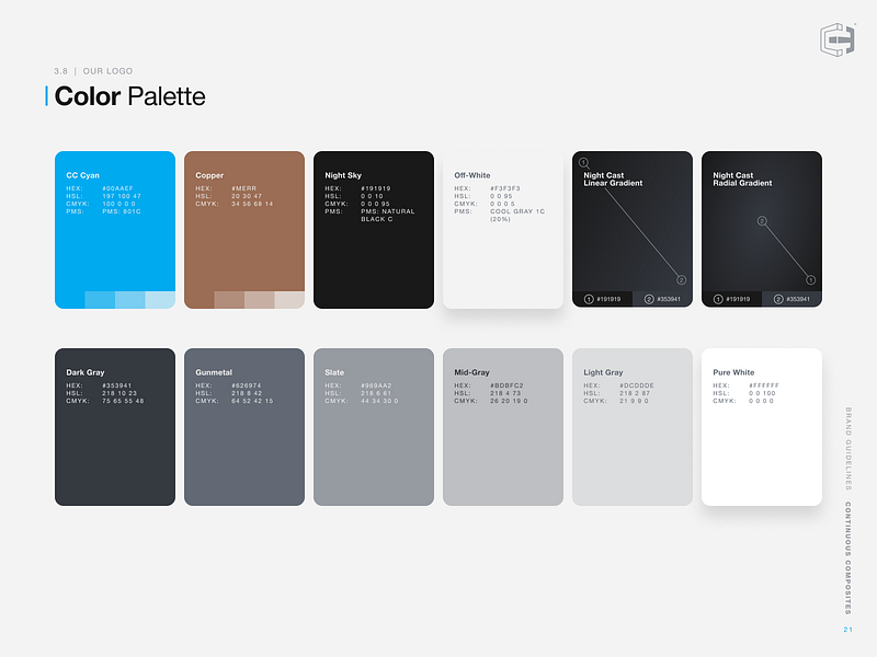 Brand Colors - Style Guidelines brand colors branding cf3d colors continuous composites copper cyan design design system guide gunmetal off white style guide