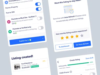 Property listing creation screens app design creation figma listing property property listing property portal rating rating screen real estate singapore success screen toggles ui ux upload