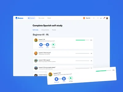 Redesigned language learning web app - Busuu busuu card design language app language learning languages nav bar navigation progression sub navigation tabs web design website