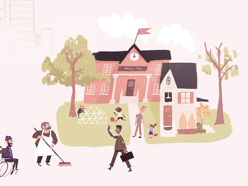 School Community boston briefcase character design characters community family flat friends illustration kids midcentury playground playing retro school school app sweeping texture wheelchair