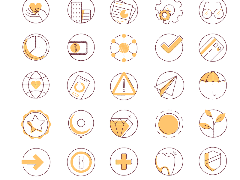 Monoweight icons badge credit card diamond glasses growth heart icon set iconography icons illustration linework minimal mono monoweight reports simple star umbrella warning yellow