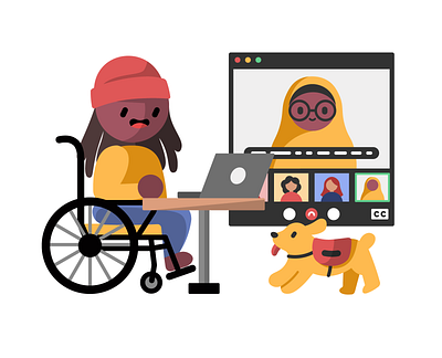 Video Call with a Diverse Cast character design chronic illness conference call disability diversity diversity and inclusion dog drawing dreads hijab illustration service dog vector video call wheelchair zoom