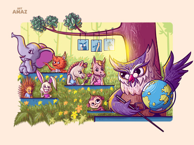 Jungle classroom artamaz artist bestwork children book illustration classroom creative design digital illustration donkey elephant forest horse illustrator jungle book kids monkey online classes owl rabbit school tree