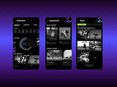 Fitness App Design black crossfit design endurance exercise fitness fitnessapp flexibility graphic design green magenta mobileapp purple purplegradient running sporty strength ux weights yoga