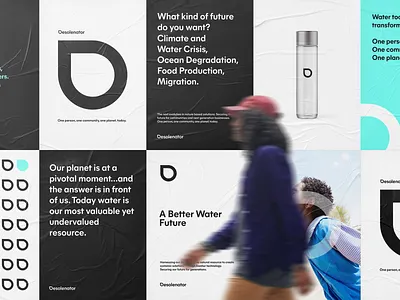 Brand Application for Desolenator. brand branding climate climate change copy d logo eco fly poster impact logo narrative story typography water water drop water logo