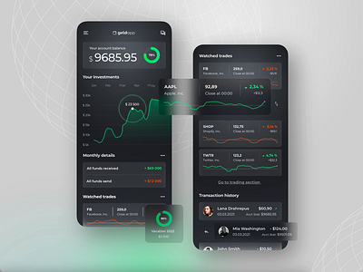 FinTech App - Mobile Banking Application Concept animation bank bankingapp business chart design charts dark mode dark theme dark ui finance finance business fintech interaction interaction design interface modern money ui ux wallet