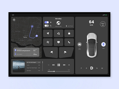 Car Interface car car app car menu car status car ui daily dailyui dailyui034 dailyuichallenge dashboard flat map minimal music player navigation playlist tesla ui uidesign uiux