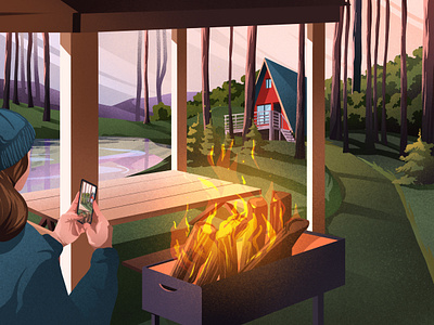 Weekend art artwork bbq bonfire fire firewood food house houses illustration illustration art lake mountain nature weekend wood