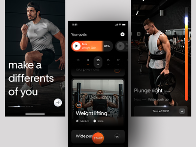 Fitness app activity app calendar dark elegant exploration fitness onboarding orange phone progress workout