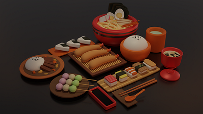 Japanese Meal Set 3d art 3d artist 3d illustration 3dfood blender curry cycles food greentea illustration japan japanese food miso mochi ramen rice soul sushi tea