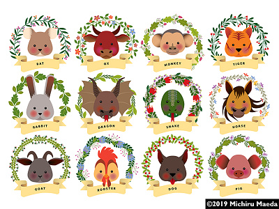 Chinese zodiac animals with Bohemian floral circles and ribbons animals banner bohemian circle circular design download floral florals icon illustration loop ribbon royalty free shio vector vectorstock zodiac