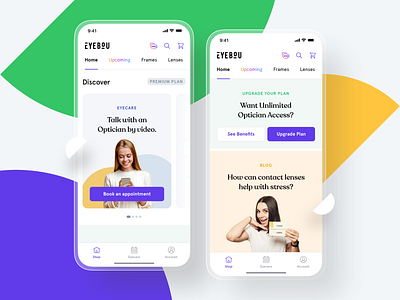 Eyebou - Mobile App app application banners branding clean colors contact lenses design digital eyecare eyes glasses ios logo minimal mobile oval shadow subscription ux