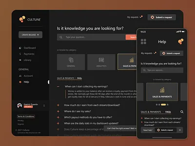 Helpdesk & FAQ page category dark theme dashboard design desktop faq help helpdesk mobile music distribution support support page ui webapp