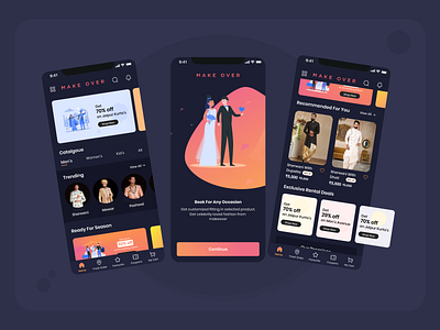 Makeover App Design clothes on rent clothes shop colors dark app darkmode design ecommerce ecommerce app fashion fashion illustration fashion rent rental rental app rentals uidesign