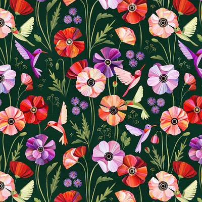 Poppy Pattern fabric floral flower hummingbird illustration pattern pattern design poppy spring