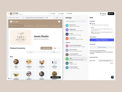 Product Inventory + Settings Panel UI bag billing dashboard data analysis data management data visualization insights inventory manufacturers modern ui product page sales settings panel studio ui design user authentication user data user experience warehouse locations web