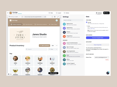 Product Inventory + Settings Panel UI bag billing dashboard data analysis data management data visualization insights inventory manufacturers modern ui product page sales settings panel studio ui design user authentication user data user experience warehouse locations web