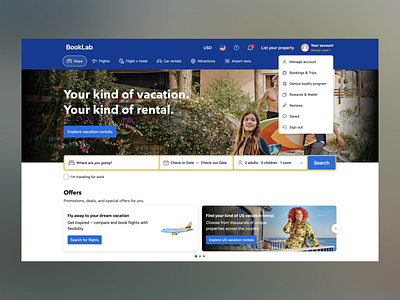 BookLab | Homestay & Vacation Rental Website airport attractions amenities booking car rental check in check out flights home rental house booking loyalty program property booking stays travel agency travel booking travel website ui user experience user interface vacation vacation rentals