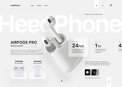 Headphones E-commerce Website airpods airpods pro apple inspired audio gadgets digital store e commerce e commerce website futuristic design interactive elements layout modern ux platform design product showcase responsive web tech product ui design user friendly ux design web design website