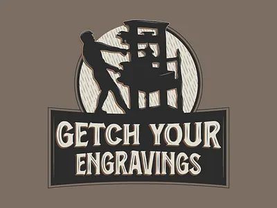 Getch Your Engravings Logo blue collar charcoal engraving graphic design leather logo masculine press machine printing press round logo sand silhouette vector vintage