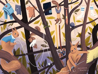 Those Darned Squirrels - 3 animals art drawing editorial gouache illustration kidlit magazine painting plants