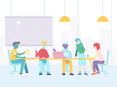 Teamwork 2d alien brainstorm character charater design flat illustration office teamwork work workspace