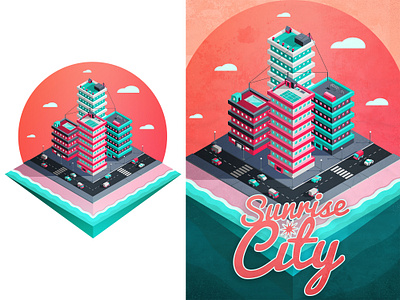 Sunrise City beach design illustration isometric poster poster design sunrise vector