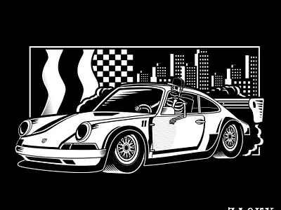 Porsche 911 design artworks blackandwhite cardesign city illustration cityscape clothing company clothing design illustrator illustrator art merch design porsche 911 shirtdesign skeleton skeleton type design skull skull art