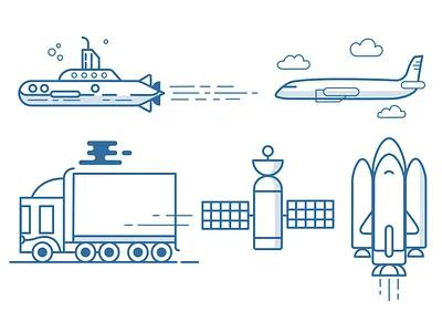 Icons illustration lorry plane rocket sattelite submarine truck