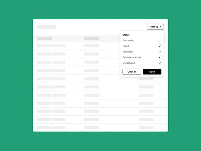 Payment status filtering button checkbox dropdown filter fintech minimal payment popover status ui ux