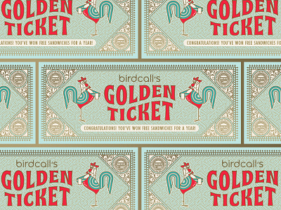 Birdcall: Golden Ticket bird birdcall butler certificate character design chicken colorado flourishes golden hamburger hen promotional restaurant restaurant branding rooster sandwiches server ticket waiter waitress