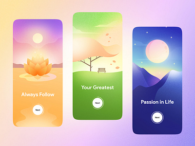 Follow Your Passion! application astronomy blue cosmos flat illustration illustrations lotus mobile moon mountains noise onboarding purple tree