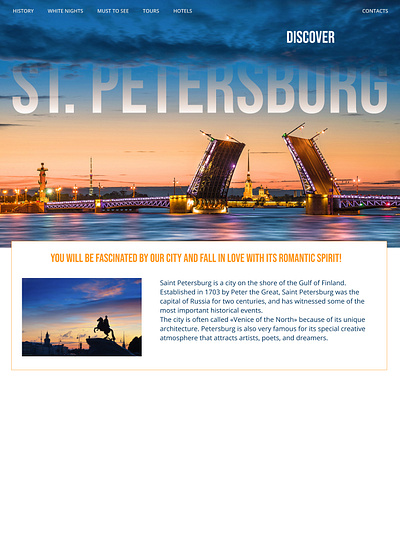 St.Petersburg discover - landing city travel concept design design discovery dribbbleweeklywarmup landingpage lettering mainpage travelagancy webdesign