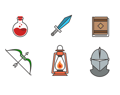 Fantasy Games Icon Set adobe book bow design dungeonsanddragons fantasy gaming icons illustrator knight lantern minimal potion strokes sword