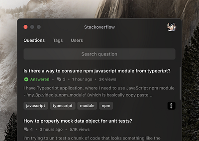 📄 Stackoverflow / Desktop application app ui backend concept dark desktop desktop app desktop application dev developer engineer frontend javascript list macos macosx question search tabs tags ui