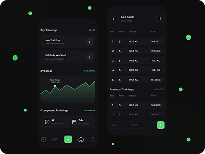 Training Diary - Mobile App app clean dark dark app dark mode dark ui green minimal minimalism ui design