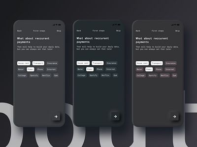 Dark themes. Budgeting app. Minimalistic lifestyle. app clean dark mode dark theme flat flutter ios layout minimalism mobile ui onboarding real project skeumorphism tags tones