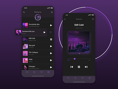 Music App adele app apple balkan brand design dark darktheme design eminem modern design music music app navigation neon pause play playing purple ui xxxtentacion