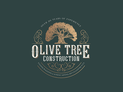 Olive Tree Construction | Vintage Logo business logo etching green and gold logo illustration l logo logo design logo designer ornate logo tree logo vintage logo