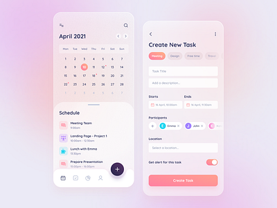 Task Managment App app calendar clean design glass glass effect glassmorphism ios managment meeting minimal mobile mobile app schedule app task task management to do list trend trend 2021 ui design